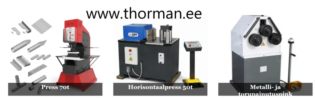Professionelle Metallbearbeitungsmaschinen in der Werkstatt: Eine 70t Stanze und Presse, eine 50t Horizontalbiegemaschine von Zopf und eine Profilbiegemaschine für Rohre und Flachstahl.