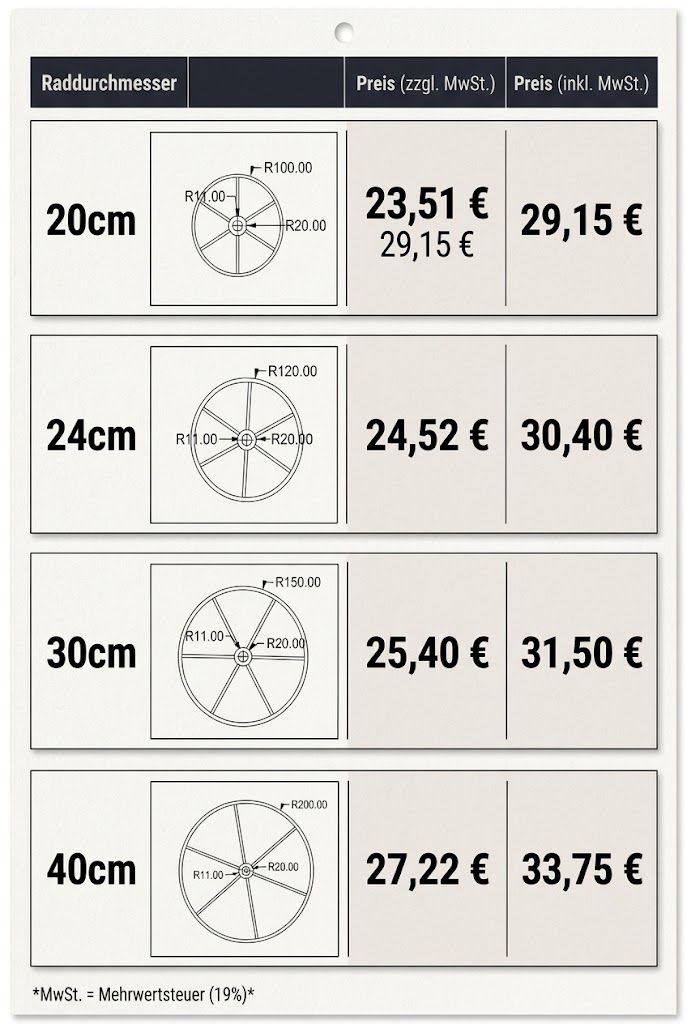 Wir bieten sowohl Metallräder in unseren Standardgrößen